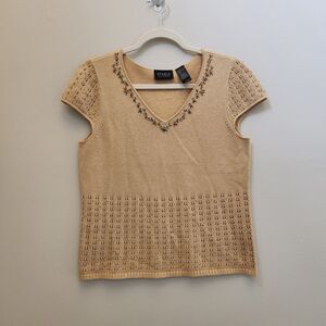 Vtg Liz Claiborne Silk Blend Crochet Knit Beaded Top Floral Cottage Feminine